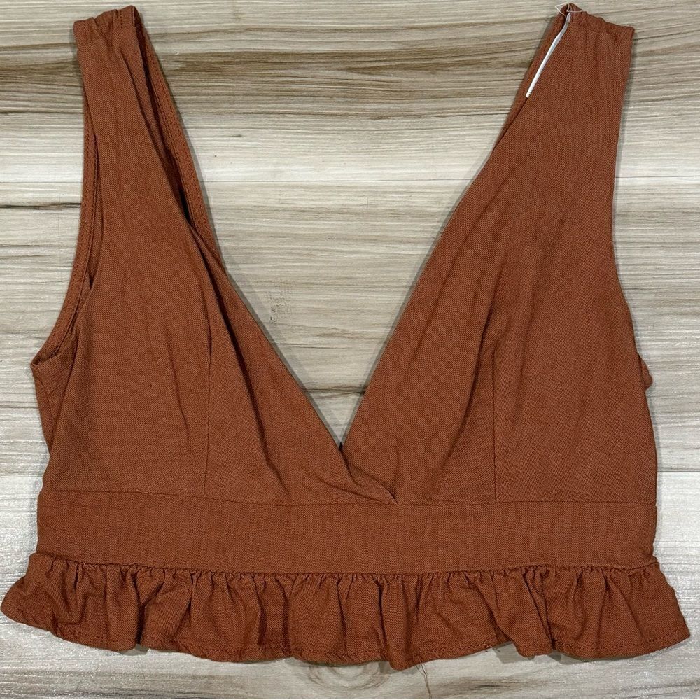 Molly Green Brown Linen Blend Tank Top Crop Ruffle Women’s Small